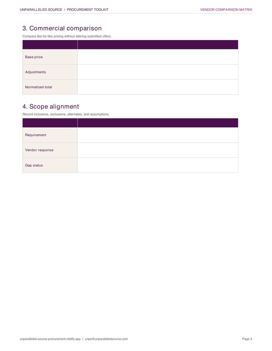 Vendor comparison matrix: screenshot of the public blank PDF template, page 3